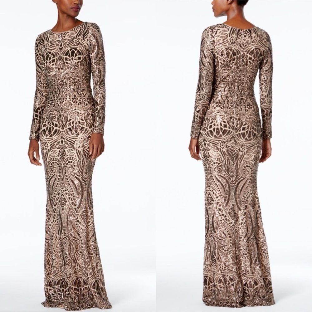 Betsy & Adam Long Sleeve Sequined Gold Evening Gown